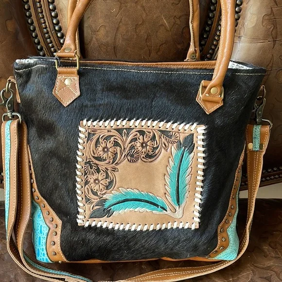 MYRA-HAND TOOLED LEATHER HAIR ON HANDBAG - Picture 2 of 9